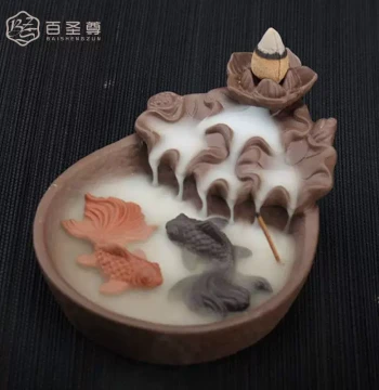Purple Clay Backflow Incense Burner 'Abundance of Gold and Jade': Four Naughty Little Monk Ceramic Creative Ornament; Tea Ceremony Aromatherapy Stove and Stick Incense Holder