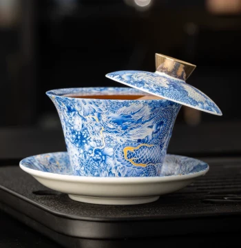 Ceramic Silver Dragon Hovering Rotating Gaiwan Teacup Household Single High-End Sancai Tea Set Brewing Bowl with Lid
