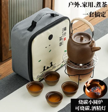 Outdoor Portable Charcoal Stove Tea Set: Small Carbon Furnace with Coarse Pottery Side-Handle Teapot and Jar for High-Temperature Charcoal Fire Brewing