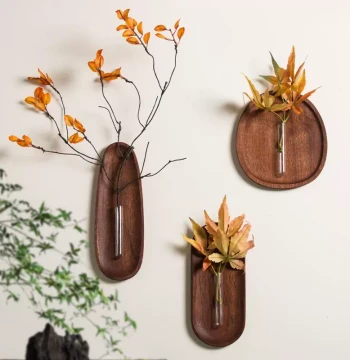 Chinese Style Solid Wood Artificial Flower Wall Hanging Hydroponic Wall Planter, Decorative Wooden Tray Vase Ornament, Zen Homestay Wall Decor