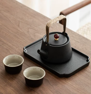 Black Pottery Kung Fu Tea Set One Teapot Two Cups Japanese Minimalist Side-Handle Pot Dry Brewing Tea Tray Home Travel Zen Small Set