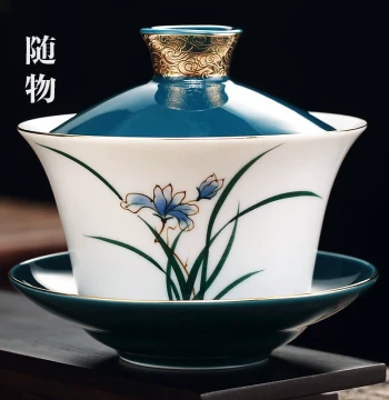Eight Treasures Tea Extra Large Gaiwan 300ml Single High-end Teacup Sanpaotai Tea Set Sancai Brewing Bowl Jingdezhen