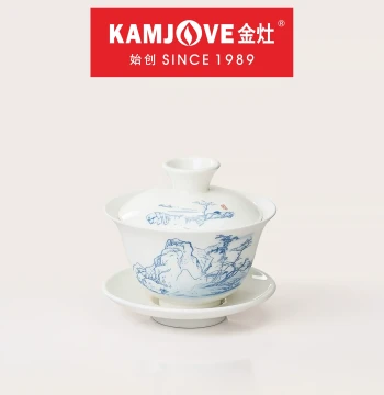 KAMJOVE KP-75A Tea Brewing Sancai Gaiwan: Hand-Painted Blue and White Ceramic Lidded Bowl, High-Temperature Resistant, Home Kung Fu Tea Set