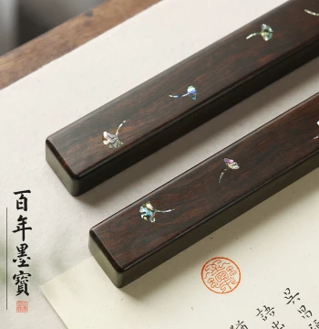 Black Catalpa Wood Mother-of-Pearl Inlay Paperweight Ancient Style Calligraphy Paper Press Town Ruler Four Treasures of the Study High-End Solid Wood Gift Ornament