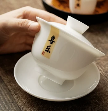 Dehua White Porcelain Sancai Gaiwan Tea Cup, Anti-Scald Large Grip Brewing Bowl, Single Bowl Tea Ware, Zen Style Gaiwan Tea Set for Home
