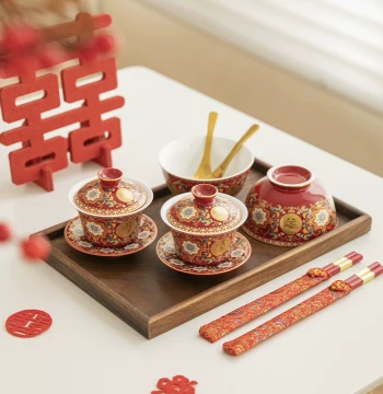 Enamel Respect Tea Cup, New Wedding Bowl and Chopsticks Set, Chinese Dowry Tea Set, Red Gaiwan, Wedding Formality Joy Tea Cup