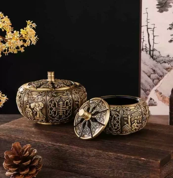 Antique Relief Fu-Lu-Shou Pumpkin Incense Burner Ornament, Feng Shui Storage Bronze Jar, Zen Incense Diffuser, Tea Art Craft