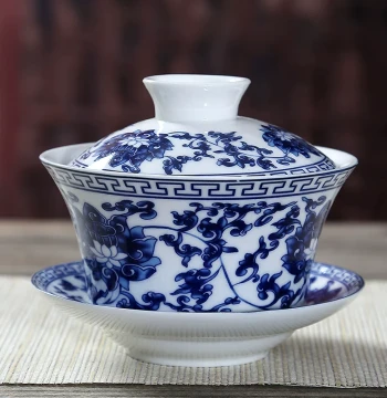 Blue and White Porcelain Gaiwan Teacup Large White Ceramic Kung Fu Tea Set Sancai Respect Bowl Teapot Single Piece