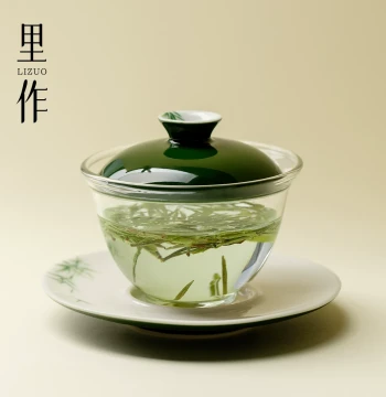 Lizuo Bamboo Leaf Green Glass Hand-Painted Sancai Gaiwan: Premium Creative Transparent Tea Bowl for Kung Fu Tea Serving