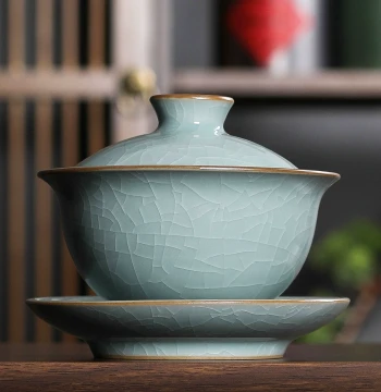 Celadon Sancai Gaiwan Teacup, Single Large Longquan Handmade Ice-Crack Ceramic Non-Scalding Brewing Kung Fu Tea Set
