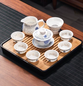 Linglong Hollow Honeycomb Tea Set, Home Living Room Ceramic Gaiwan Teapot, Kung Fu Tea Cup Combination for Brewing