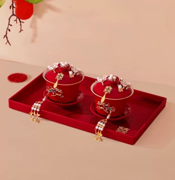 Pair of Tea Modification Cups for Wedding Ceremony New Couple Respectful Tea Set Festive Teaware Wedding Red Lidded Bowl Tea Cups