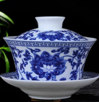 Jingdezhen Ceramic Gaiwan Kung Fu Tea Blue and White Porcelain Large Eight-Treasure Tea Cup Brewing Bowl Office Single Sancai Bowl