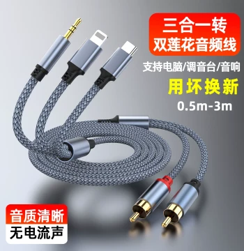 Sacole 3-in-1 Audio Cable to Dual 2RCA Lotus Head Cable, Compatible with Apple Type-C Phones, Tablets, Laptops, 3.5mm AUX Connection to Amplifiers, Speakers, Subwoofers, Mixing Consoles