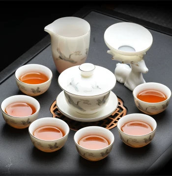 Mutton Fat Jade Tea Set with Glass Kung Fu Black Tea Premium Gift Set, Heat-Resistant Gaiwan for Home Use, Lightweight Luxury Teacups