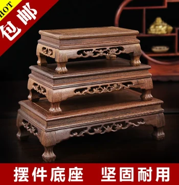 Rosewood Carved Craft Buddha Statue Ornament Base, Wingnut Wood Rectangular Vase and Strange Stone Base, Solid Wood Tray