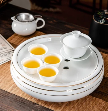 Chaoshan Light Luxury High-End Ceramic Kung Fu Tea Set for Home Brewing, Small Tea Table with Gaiwan and Round Tea Tray