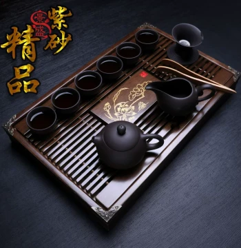 Jingsheng Premium Yixing Water-Interrupting Zisha Teapot Set with Solid Wood Tea Tray, Custom Logo Engraving Gift for Home Use