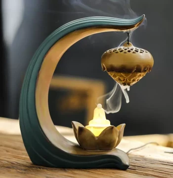 Lotus Hanging Ball Backflow Incense Burner with LED Light, Creative Backflow Aromatherapy Furnace, Hanging Incense Burner with Night Light Ornament