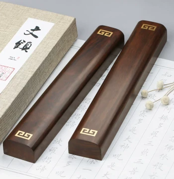 Rosewood Calligraphy Frame and Ruler Set - Traditional Chinese Four Treasures of the Study Paperweight Ornament, Brush Holder, Wooden/Marble Paper Press with Free Engraving, Solid Wood Strip with Brass Inlay in Gift Box