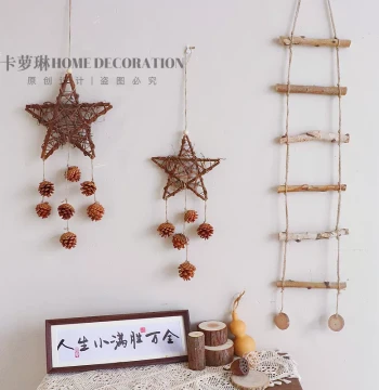 Original Wood Style Creative Wall Decor Wall Hanging Ornaments Pinecone Wind Chimes Wall Hanging Small Rattan Star Milk Tea Shop Kindergarten Hanging Decorations