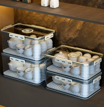 Tea Set Cup Storage Box Dust-Proof Transparent Cup Rack Kung Fu Teapot Wine Glass with Lid Cabinet Organizer