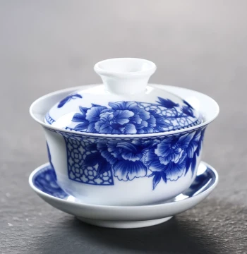 Dehua White Porcelain Gaiwan Teacup, Large Blue-and-White Hand-Painted Kung Fu Tea Bowl, Single Sancai Lidded Bowl