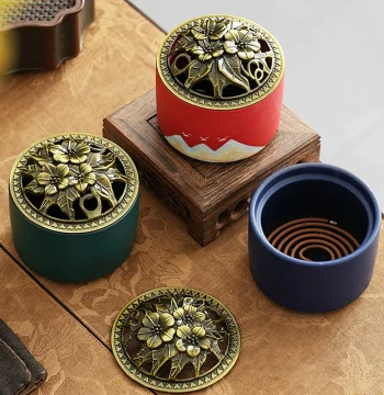 Cylindrical Mesh Lid Lubao Coil Incense Burner for Home Indoor Use, Ceramic Coil Incense Sandalwood Box, Chinese Tea Ceremony Mugwort Creative Ornament