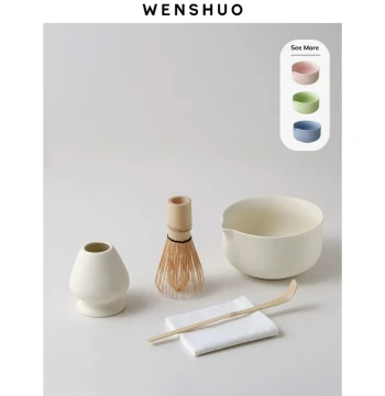 WENSHUO Japanese Matcha Set with Spouted Chasen, Handcrafted Tea Ceremony Utensils, 100-Prong Whisk for Point Tea