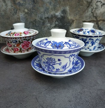 Ceramic Gaiwan Eight Treasures Tea Bowl Kung Fu Tea Set Sancai Bowl with Lid Blue and White Large Brewing Bowl Tea Preparation