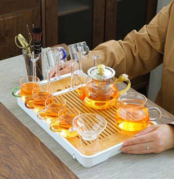 High-Temperature Glass Kung Fu Tea Set for Home Living Room, Teapot Small Set with Handle, Drinking Cup, Tea Brewer