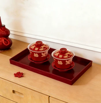 Wedding Tea Cup Set for Bride's Dowry, Wedding Ceremony Tea Cups for Serving Parents-in-Law, Pair of Happiness Bowls, Red Bowls, Chopsticks, and Cups
