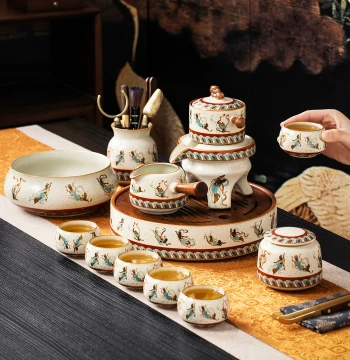 Ru Kiln Dunhuang Flying Apsaras Automatic Tea Set, Lazy Brewing Device with Crackle Glaze, Premium Gift for Elders and Teachers