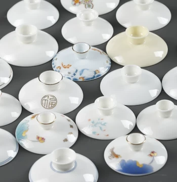 Mutton Jade Gaiwan Tea Cup Lid White Porcelain Gold-Trimmed Tea Bowl with Lid Ceramic Sancai Bowl Solid Color Single Spare Part