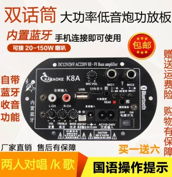 Dual Microphone High-Power Bluetooth Amplifier Board, 12V/24V/220V Subwoofer Amp Board with Built-in Bluetooth for Speakers