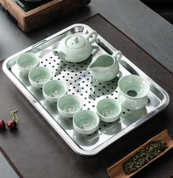 304 Stainless Steel Tea Tray with Water Reservoir - Simple Home Use Small Tea Table Set with Drip Catcher