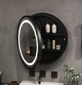 LED Smart Bathroom Mirror Cabinet Solid Wood Oval Wall-mounted Round Mirror with Light Wall-hung Vanity Mirror Cabinet