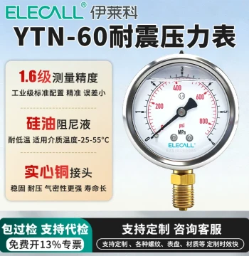 Elecall YTN-60 Stainless Steel Vibration-Resistant Pressure Gauge 1.6 Accuracy Silicone Oil Shock-Proof Air Pressure Gauge YN100 Vacuum Gauge