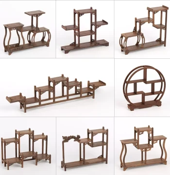 Chicken Wing Wood Solid Tea Set Display Stand - Small Curio Shelf, Rosewood Multi-Compartment Rack for Teapots and Ornamental Stones