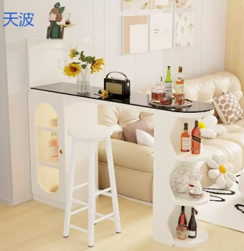 BKY Cream Bar Counter - Solid Wood Room Divider for Living Room, Compact Wine Cabinet & Sideboard Combo, Modern Minimalist Kitchen Island