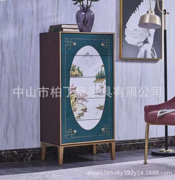 New Chinese Style Five-Drawer Cabinet Painted Living Room Wall-Side Retro Bedroom Entryway Cabinet Light Painted Solid Wood Storage Cabinet Organizer