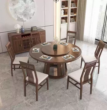 New Chinese Style Light Luxury Solid Wood Round Dining Table and Chair Set, Ebony Wood Circular Modern Minimalist with Turntable, Dining Table Furniture