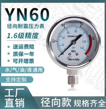 Pressure Gauge YN60 Stainless Steel Vibration-Resistant Radial Pressure Gauge Oil Pressure Water Pressure Air Pressure 0-1.6/100MPa Multi-Range