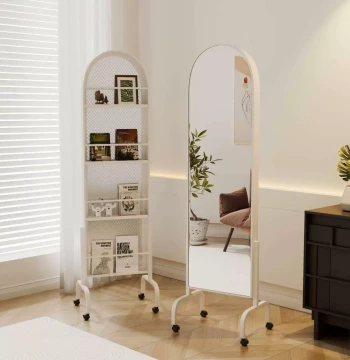 Modern Creative Full-Length Movable Floor Mirror with Storage Shelf for Living Room, Iron Magazine Rack for Entryway