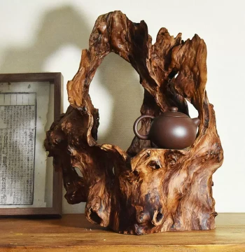 Natural Weathered Deadwood Root Carving, New Chinese Zen Style Ornament with Solid Wood Base, Ideal for Tea Room, Buddha Niche, Entryway, or Living Room