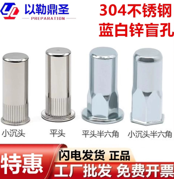 Galvanized/304 Blind Hole Rivet Nut, Waterproof Closed-End Flat Head with Knurling, Sizes 4-10