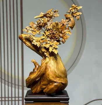 Taihang Thuja Artefact Root Carving Ornament, Blooming Flowers and Rich Peony, Home Living Room Decoration, Excellent Gift for Housewarming and Business Opening