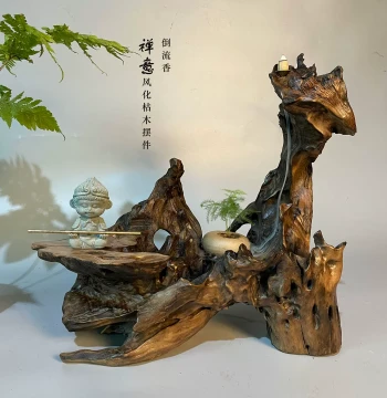 Weathered Driftwood and Old Tree Root Base; Solid Wood Incense Burner Stand and Buddha Niche Ornament for Tea Rooms, Studies, and Jade Display Landscaping