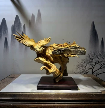 Thuja Sutchuenensis Wood Carving 'Phoenix Arrival', Exquisite Crane Root Carving Ornament, Solid Wood Zen Craft Home Decor for Collection