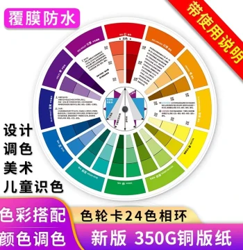 24-Hue Multi-Function Color Wheel Card, Sample Guide for Designers, Paints, Coatings, Cake Frosting, Rotating Ring for Kids' Learning, CMYK Standard Printing Chart